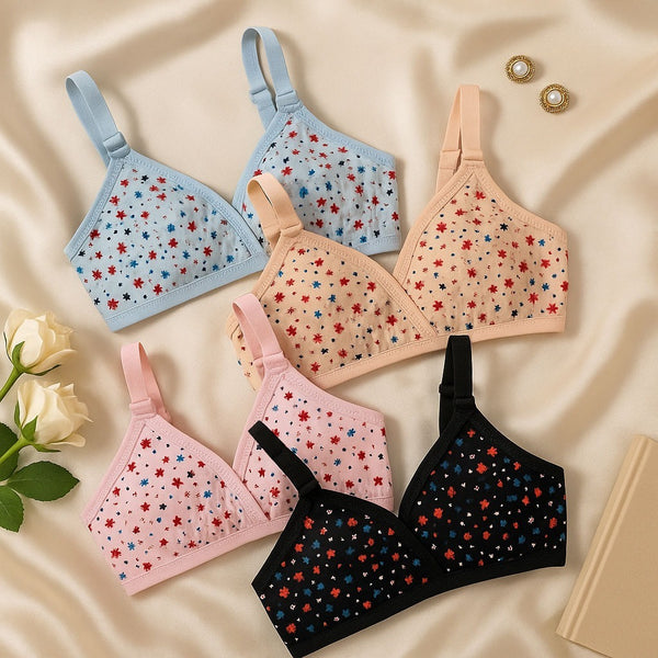 Shezaib pack of 4 soft cotton hosiery printed bras in black, blue, pink and skin colors