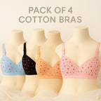 Shezaib pack of 4 soft cotton hosiery printed bras in black, blue, pink and skin colors, mannequin wear view