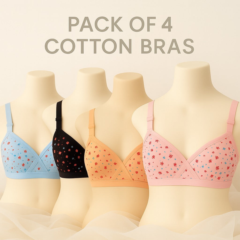 Shezaib pack of 4 soft cotton hosiery printed bras in black, blue, pink and skin colors, mannequin wear view