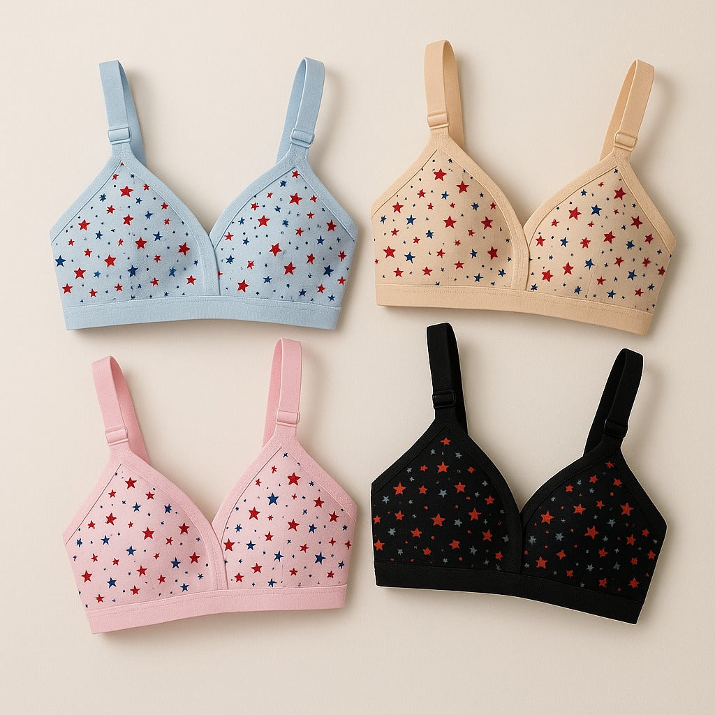 Shezaib pack of 4 soft cotton hosiery printed bras in black, blue, pink and skin colors, image 2