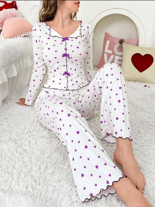 Milky Silk Heart-Print Ribbed Nightwear Set – 2 Piece Pajama Set D0443