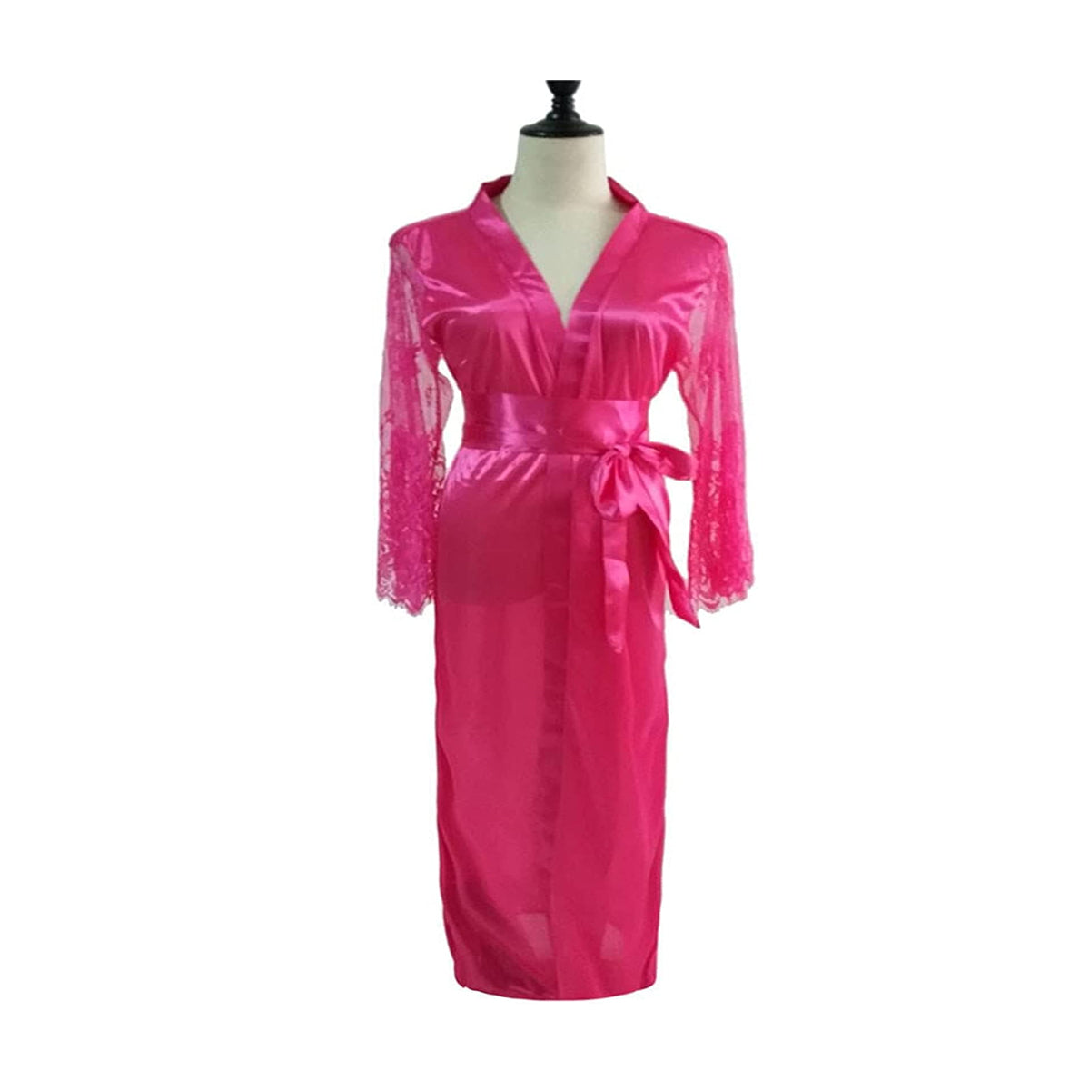 Women's Long Lace Patchwork Bathrobe Soft Silk Nightgown Bath Robe Sexy Gown