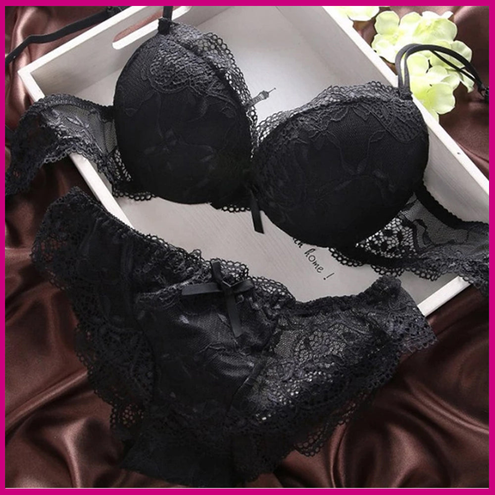 SheIn Women's Sexy embroidered bra & panty Set black medium (6) NEW