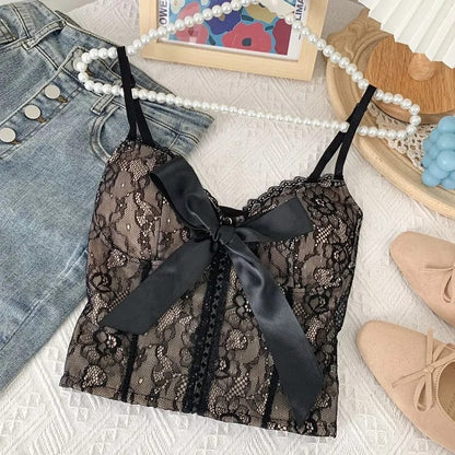 Cute Lace Flower Embroided Adjustable Straps Mid Ribbon Syle Sexy Crop Top-1874