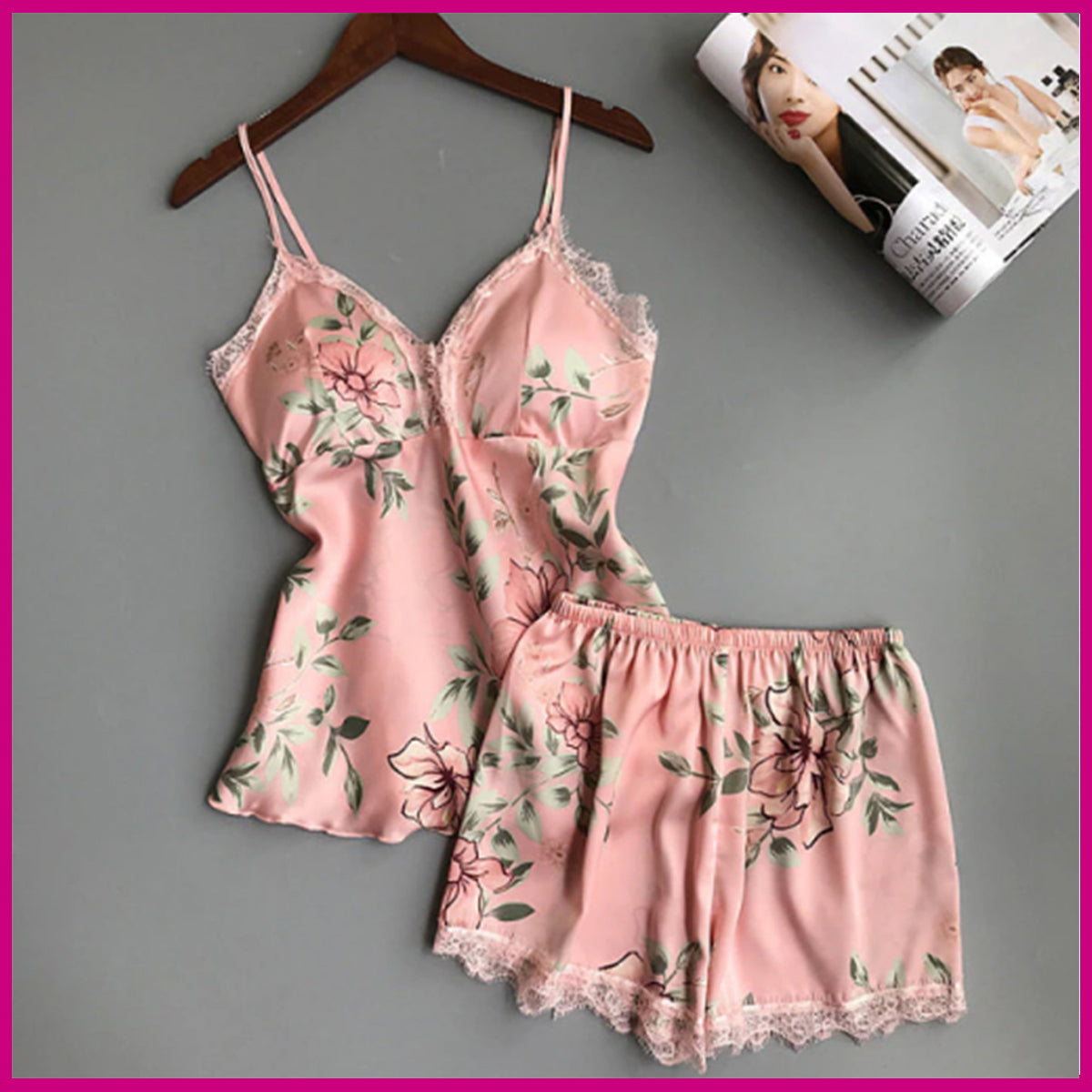 Pink Padded Non Wired Floral Print Bra Set - Night Dress