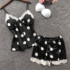 Shezaib Silk Pajamas For Women Sexy Lingerie Lace Trim Camisole And Shorts Polka Dot Sleepwear Home Wear 816
