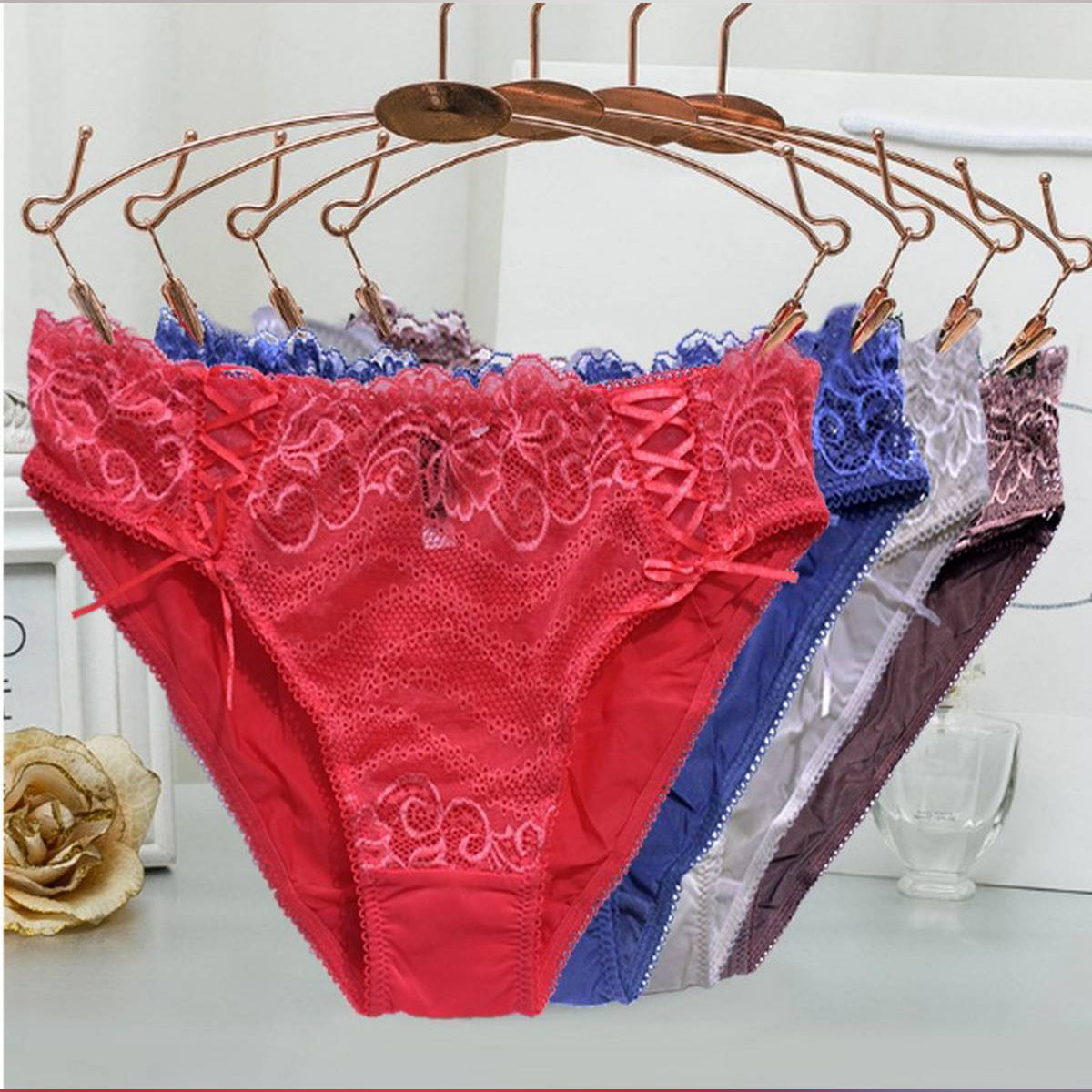 Pack Of 3 - Lace Hollow Out Crotch Cotton Briefs Panties