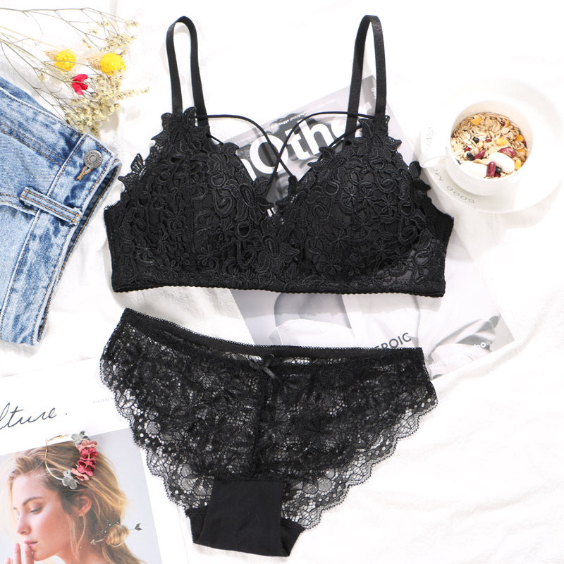 Cute Lace Flower Embroided High Quality Back Closure Adjustable Straps Bra & Panty Set