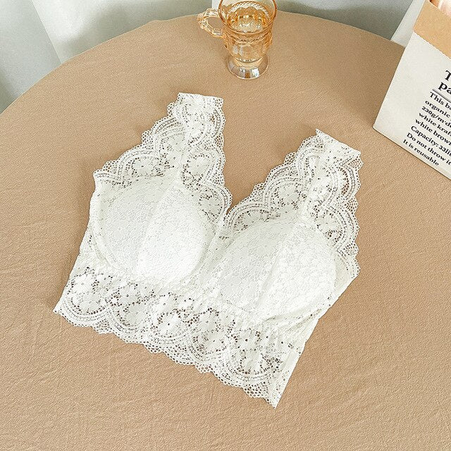 Women Sexy V Neck Lace Bras Crop Top Sleeveless Wire Free Tank Tops Female  Underwear V Back Bralette Top Padded Camisole