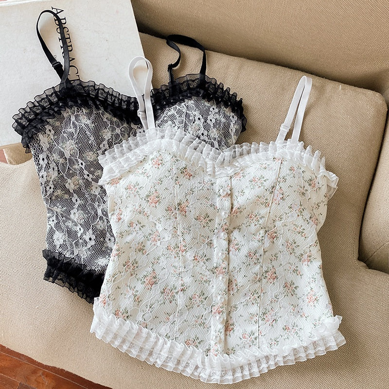 Cute Lace Flower Embroided Adjustable Straps Frill Outline Lace Crop Top