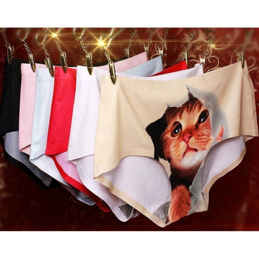 New Pack of 3 Soft Silk Seamless Cat Printed Underwear Panties for Girls & Women