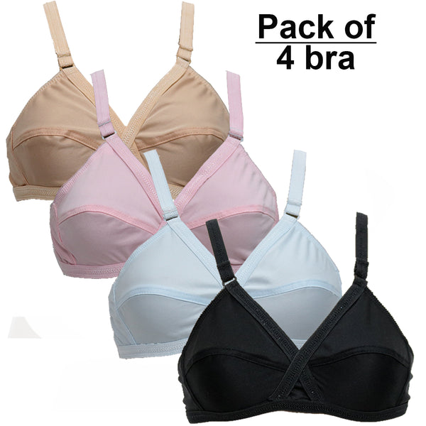 Shezaib pack of 4 classy cotton non-padded bras in black, blue, pink and skin colors