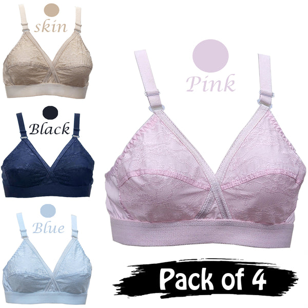 Shezaib pack of 4 cross design cotton bras in black, blue, pink and skin colors