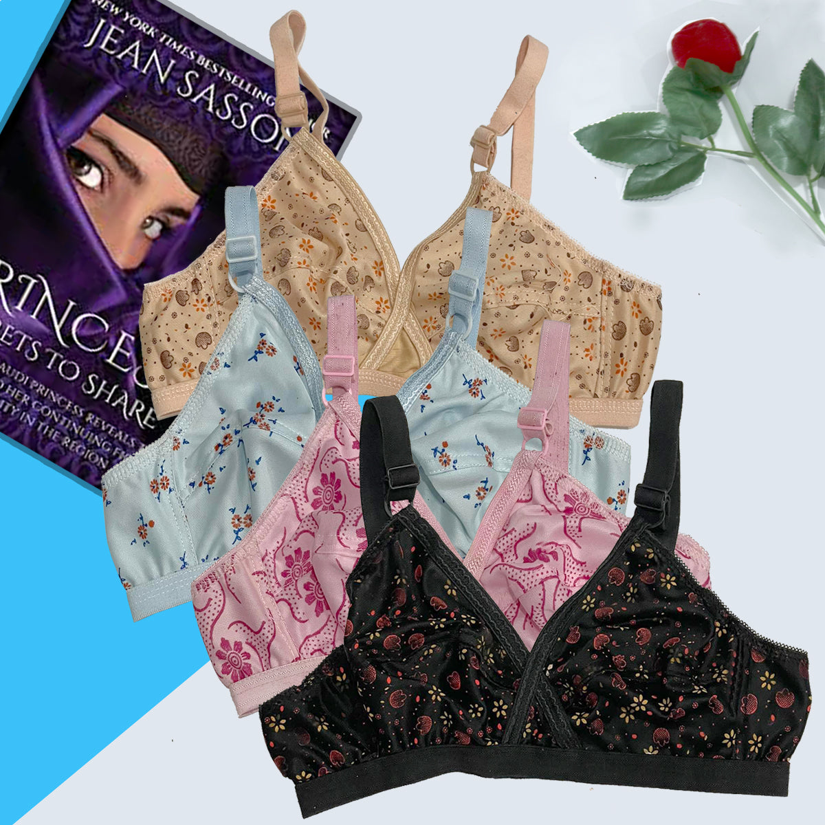 Shezaib pack of 4 soft cotton hosiery printed bras in black, blue, pink and skin colors, image 3
