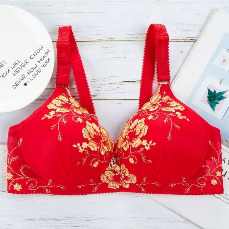 New Printed Front Lace Embroidered Push Up Women Sexy Lace Brassiere Padded Red Bridal Bra 516