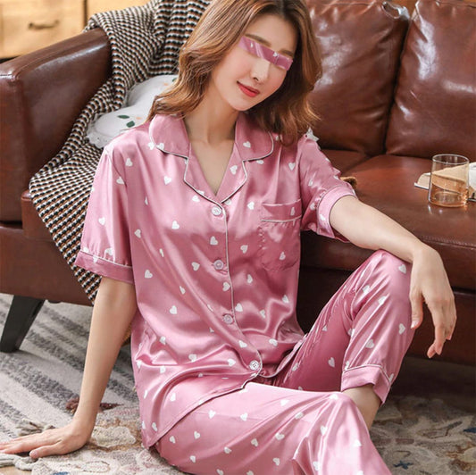 Woman Silk Pajamas Sets Short Sleeve Sleepwear Two Pieces Set Heart Printed 2021 New Summer Lady Silk lounge Wear Pajamas 227